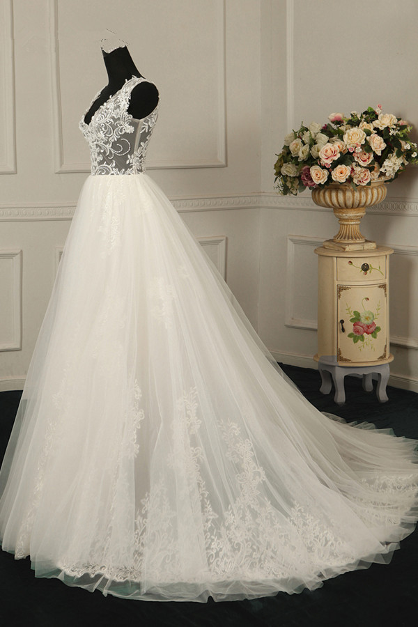 BMbridal Sexy V-Neck Sleeveless Tulle Wedding Dress See Through Top Appliques Bridal Gowns On Sale-BMbridal