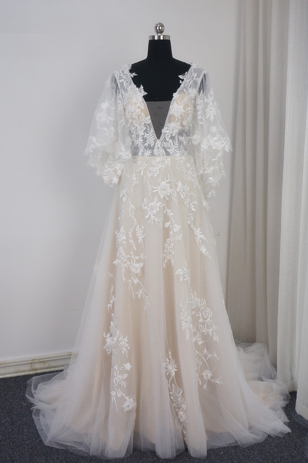 BMbridal Stylish Long Sleeves V-Neck Tulle Wedding Dress A-Line Appliques Ruffles Bridal Gown Online-BMbridal