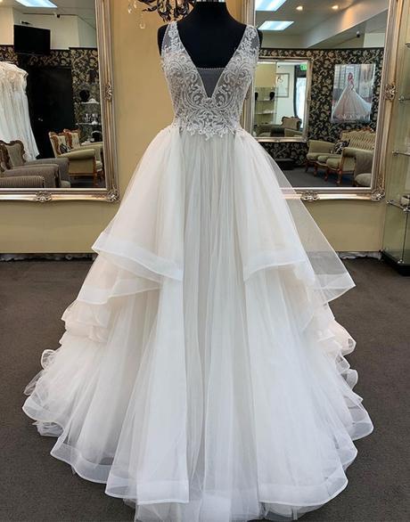 BMbridal Glamorous White Tulle Lace Ruffles White Wedding Dress Sleeveless Appliques Bridal Gowns On Sale-BMbridal