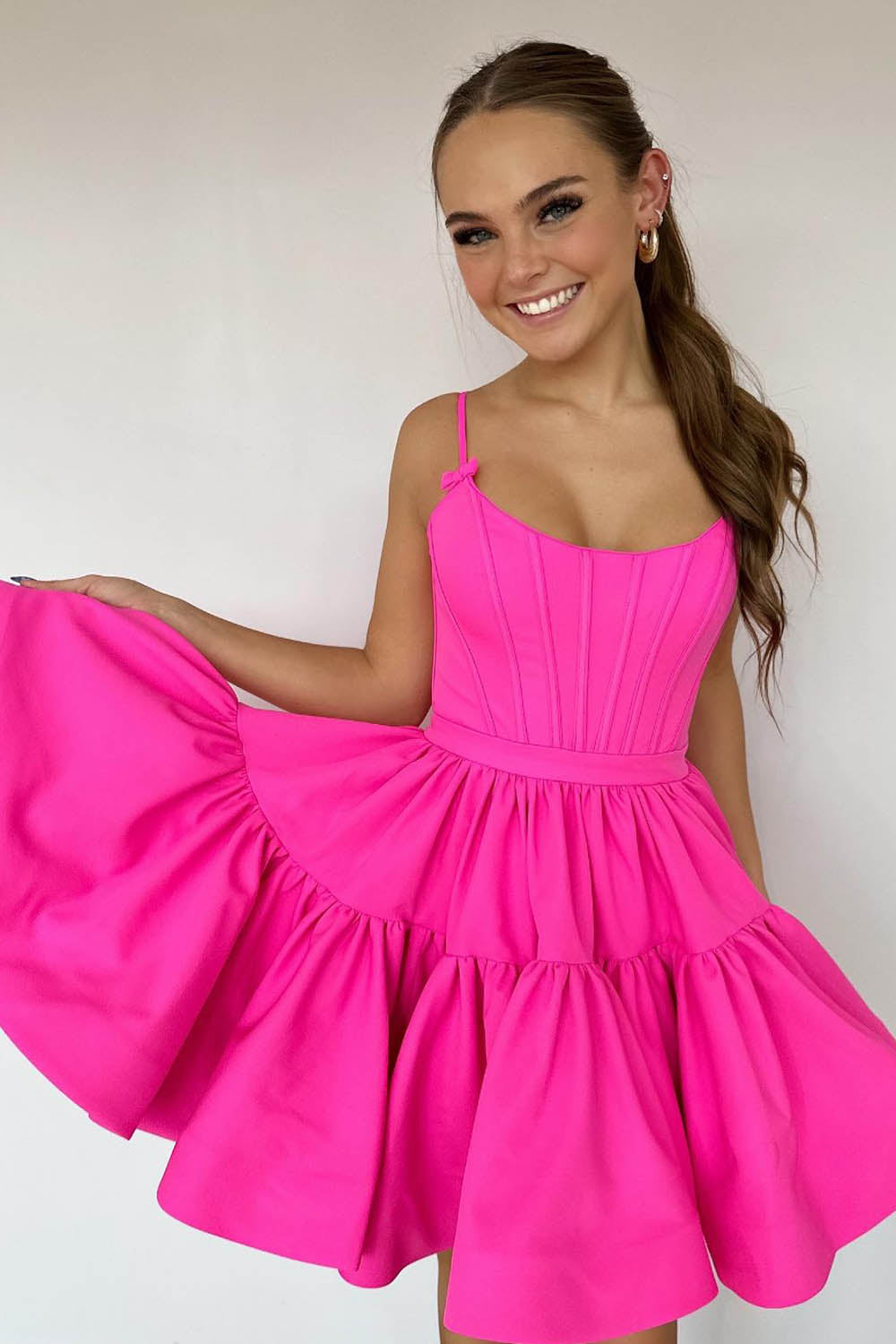 Fuchsia Spaghetti Straps Lace-Up Back A-Line Short Satin Homecoming Dress-BMbridal