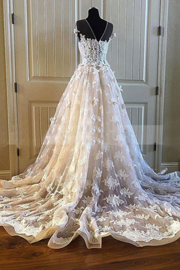 BMbridal Elegant Creamy Lace Sweetheart Long Wedding Dress A Line Appliques Bridal Gowns On Sale