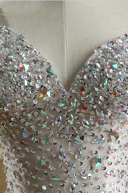 BMbridal Glamorous Straps V-Neck Tulle Beadings Prom Dresses Sleeveless Mermaid Crystals Formal Dresses Online-BMbridal