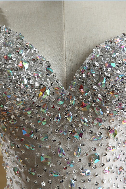 BMbridal Glamorous Straps V-Neck Tulle Beadings Prom Dresses Sleeveless Mermaid Crystals Formal Dresses Online-BMbridal