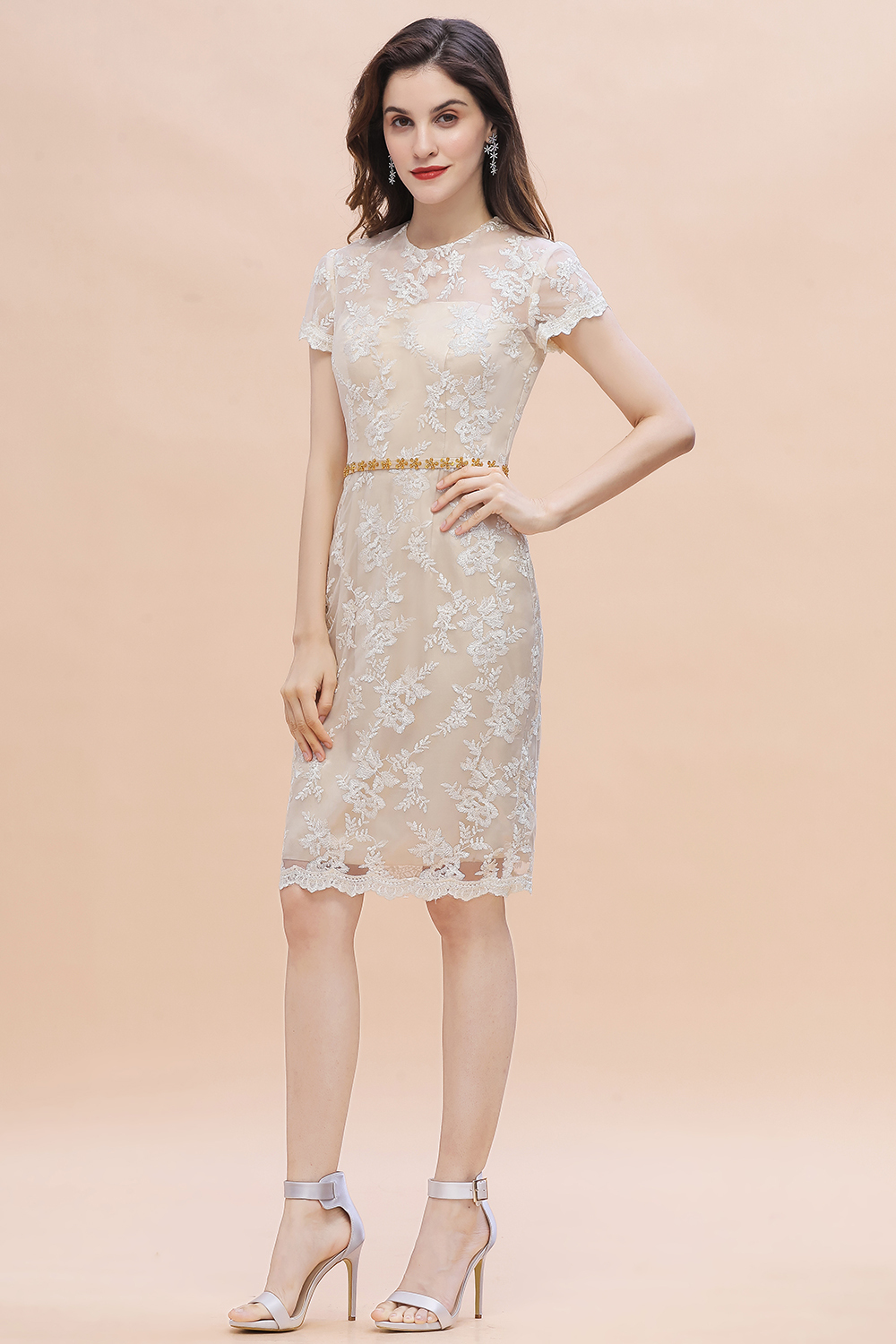 BMbridal Chic Jewel Tulle Lace Beadings Mother of Bride Dress with Short Sleeves Online-BMbridal