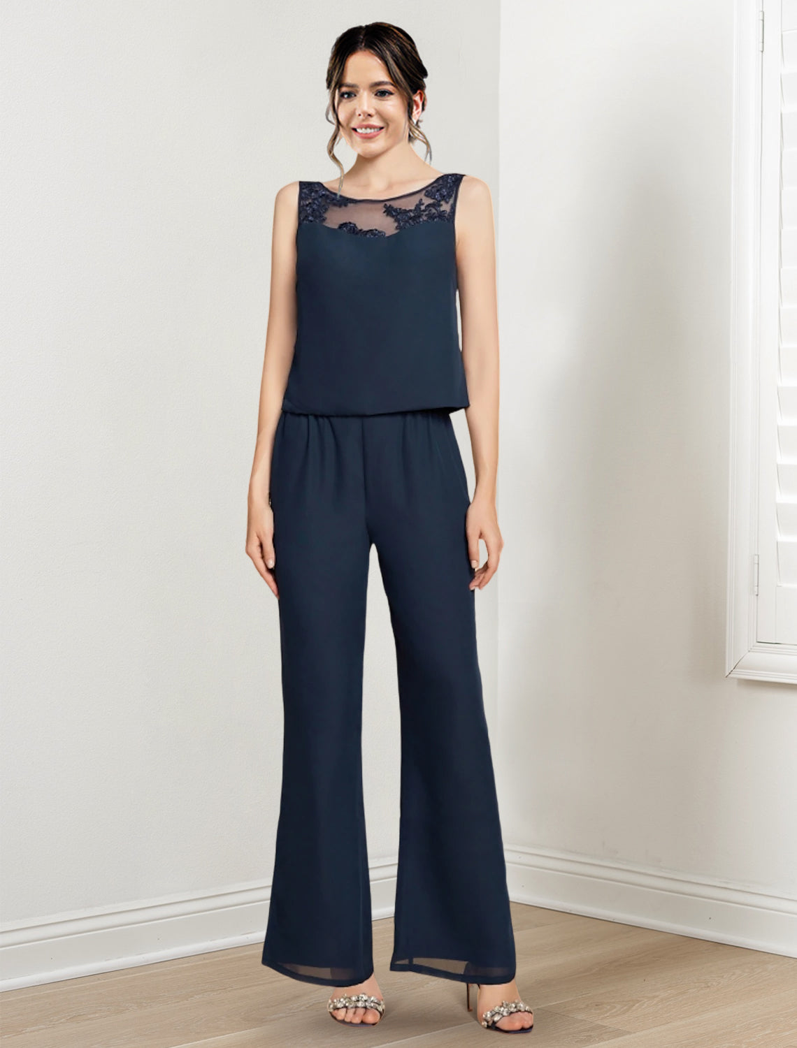 Mother of the Bride Scoop Neck Chiffon Pantsuit with Jacket-BMbridal