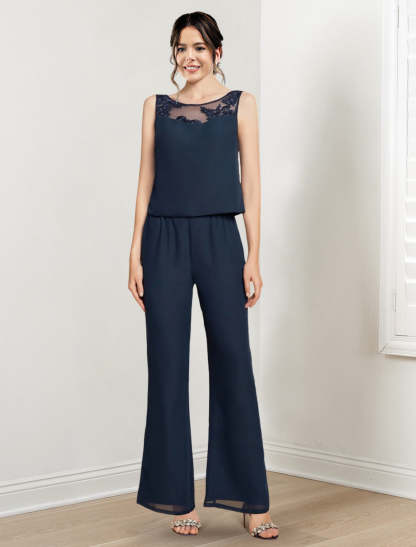Mother of the Bride Scoop Neck Chiffon Pantsuit with Jacket-BMbridal