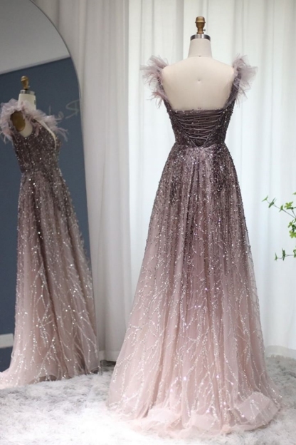 Bmbridal A-Line Tulle V-Neck Floor-Length Sleeveless Prom Dresses with Sequins