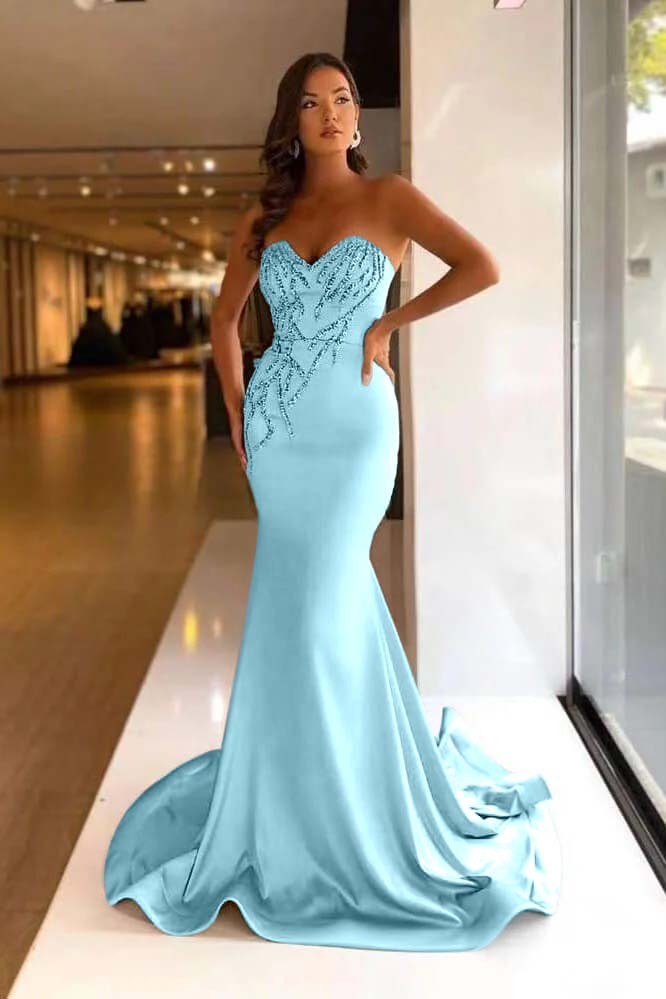 Pretty Strapless Sweetheart Sleeveless Long Mermaid Prom Dress With Beadings