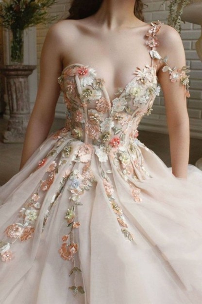 Bmbridal Fairy Flowers Applique Prom Dress Champagne Tulle With Slit