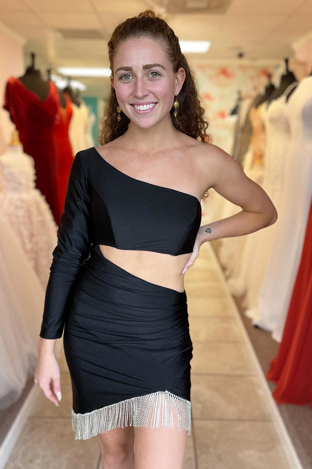 Black One Shoulder One Sleeve Tight Short Homecoming Dress with Fringes-BMbridal