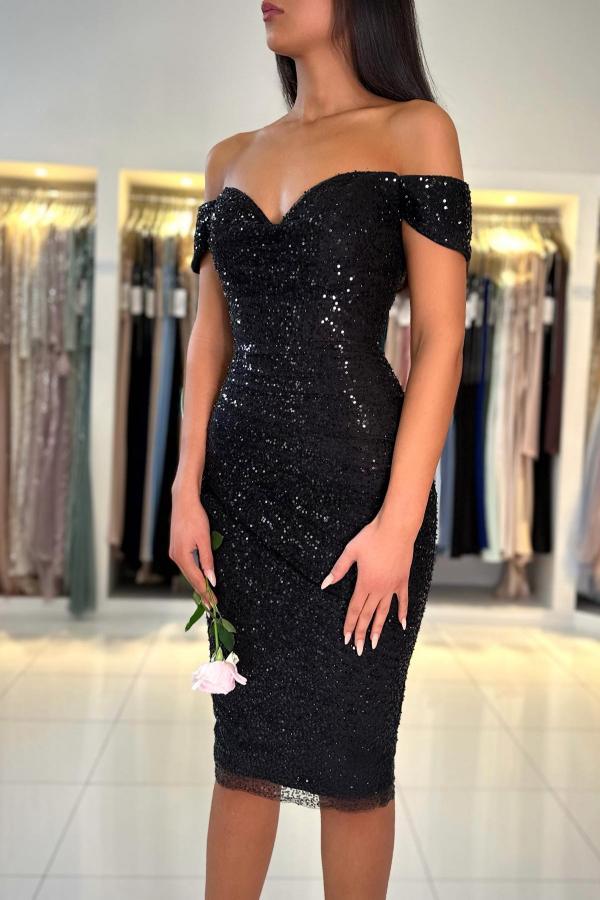Bmbridal Black Off-the-Shoulder Sheath Prom Dress With Sequins