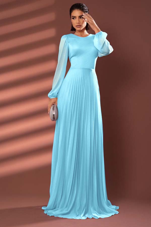 Chiffon Jewel Neck Long Sleeves Long Prom Dress With Pleated