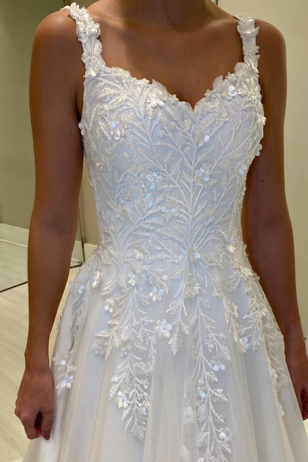 Chic Floor-Length A-Line V-Neck Spaghetti Straps Sleeveless Tulle Lace Wedding Dresses with Appliques-BMbridal