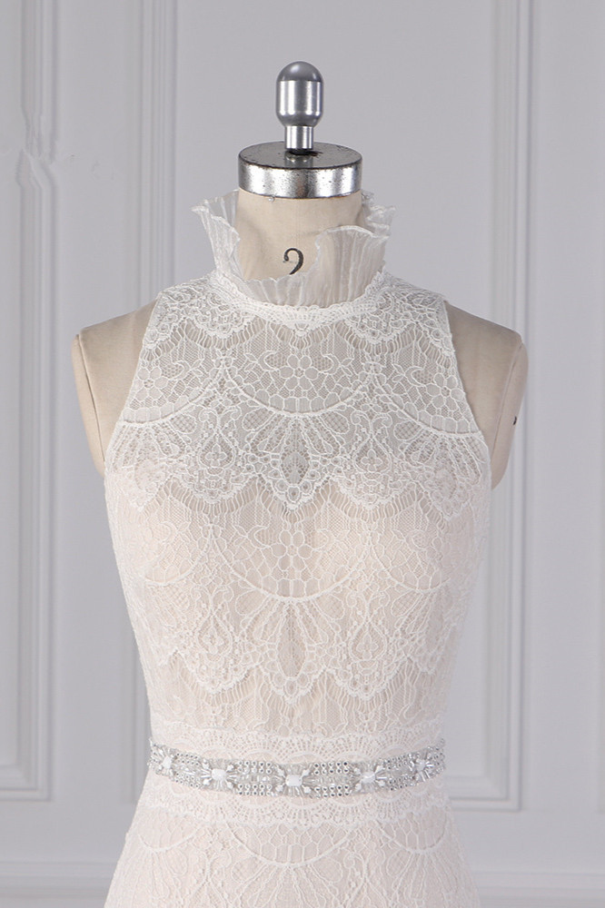 BMbridal Chic High-Neck Tulle Lace Wedding Dress Appliques Sleeveless Bridal Gowns with Beading Sashes Online-BMbridal
