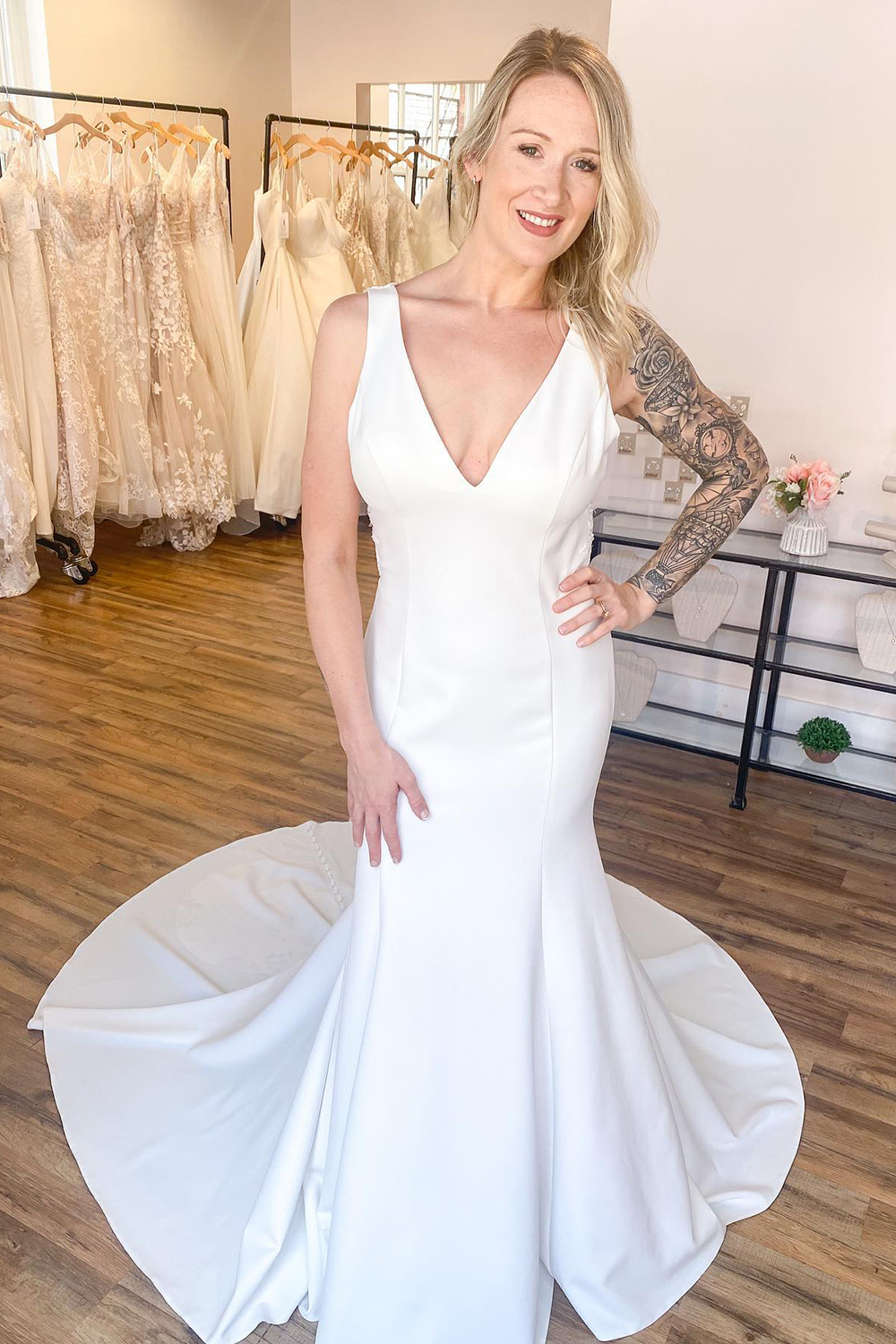 Bmbridal White Satin Wedding Dress Mermaid Open Back-BMbridal