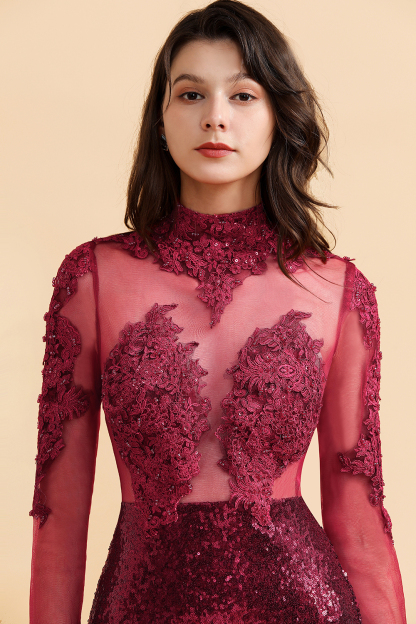 BMbridal Sexy High-Neck Burgundy Sequined Slit Prom Dresses Long Sleeves Appliques Backless Formal Dress with Sheer Top-BMbridal
