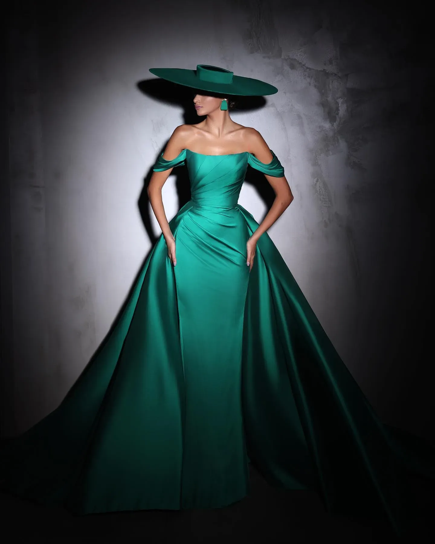 Designer Column Satin Off-The-Shoulder Sleeveless Prom Dress With Ruffles Train