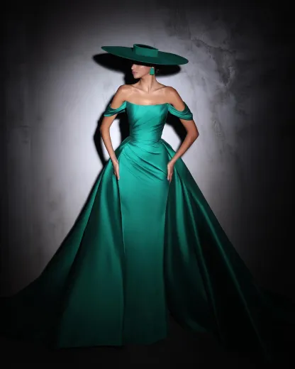 Designer Column Satin Off-The-Shoulder Sleeveless Prom Dress With Ruffles Train