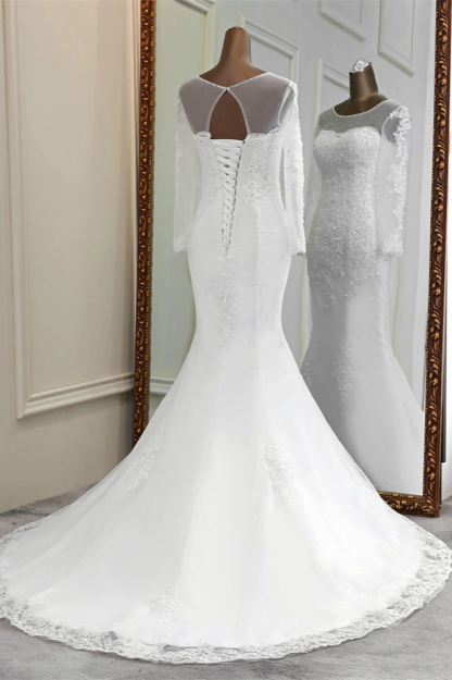 BMbridal Elegant Jewel Long Sleeves White Mermaid Wedding Dresses with Rhinestone Applqiues