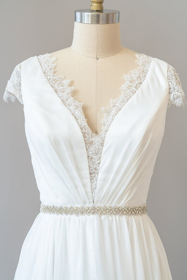 BMbridal Cap Sleeve V-neck Lace Chiffon Sheath Wedding Dress Online-BMbridal