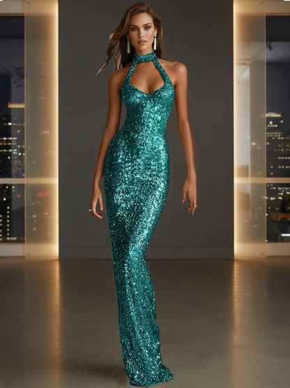 Glamorous Gold Sequin Halter Neck Mermaid Long Prom Dress