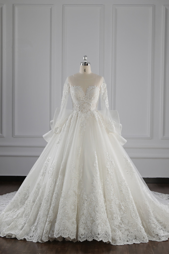BMbridal Gorgeous Jewel Lace Tulle Wedding Dress Long Sleeves Beadings Bridal Gowns On Sale-BMbridal
