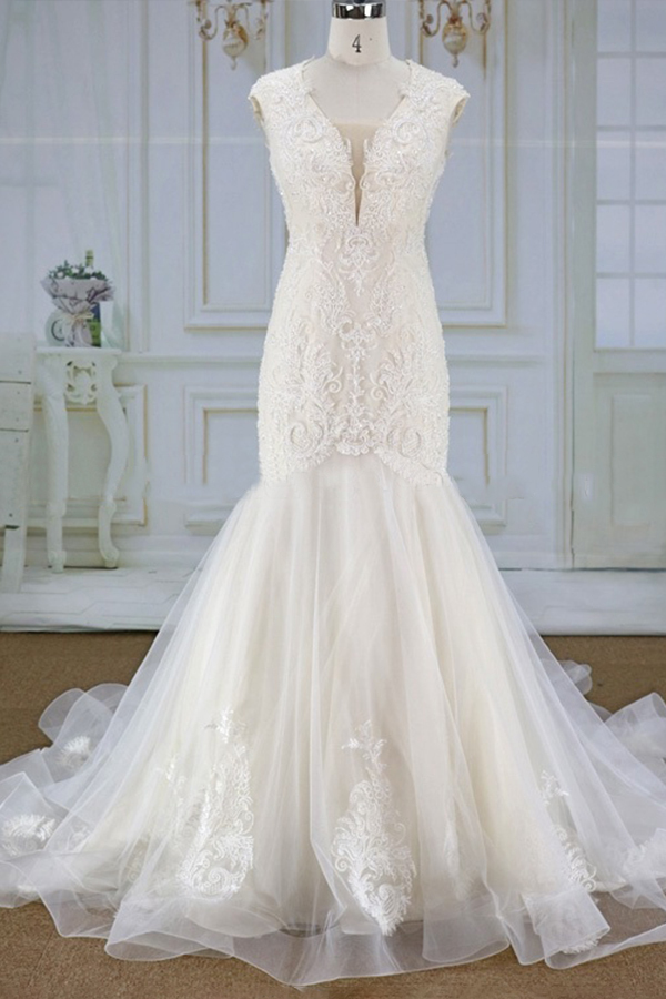 BMbridal Elegant Mermaid Appliques Straps Wedding Dresses Sleeveless Champagne Tulle Bridal Gowns On Sale-BMbridal