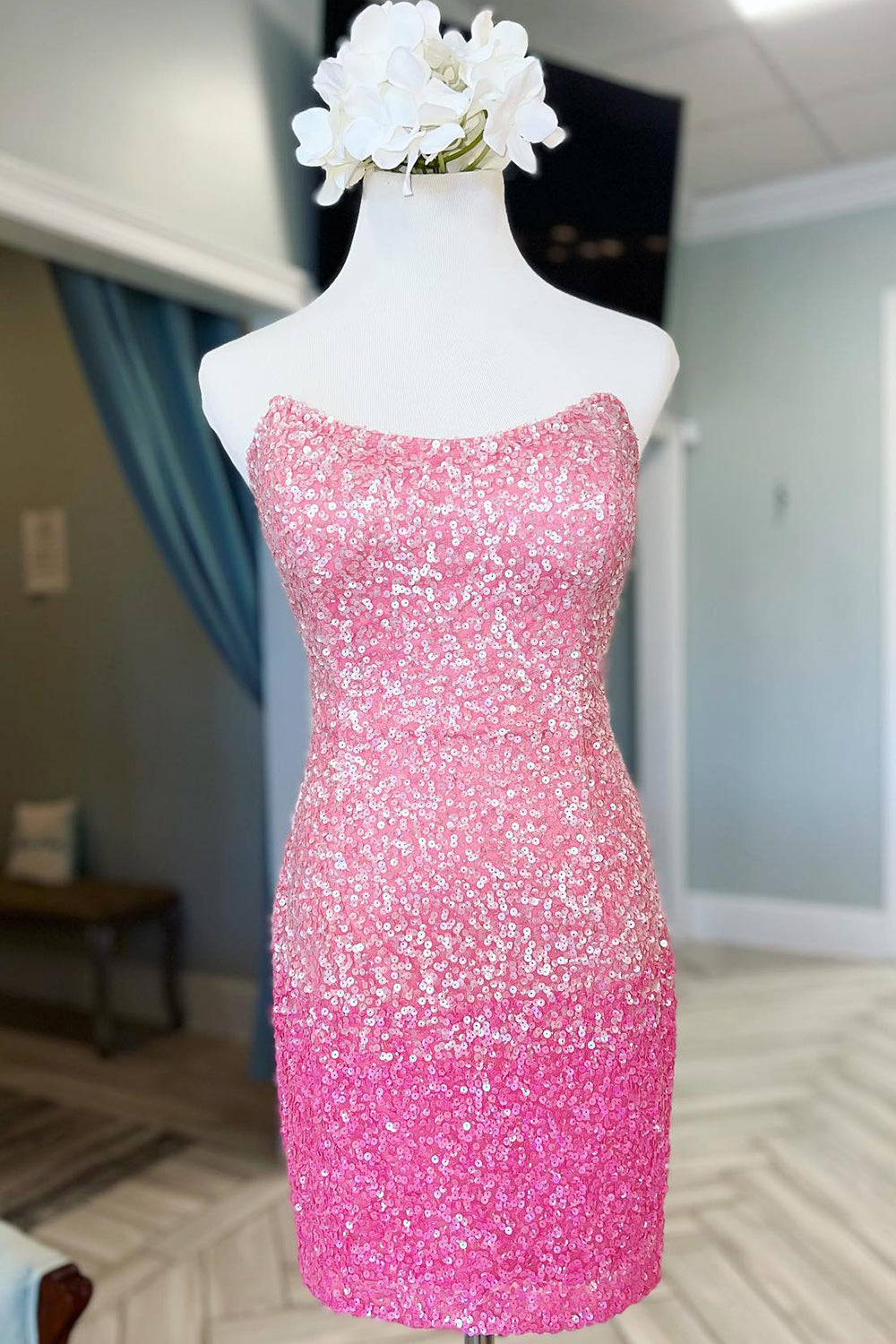 Sparkly Pink Ombre Sequin Tight Short Homecoming Dress-BMbridal