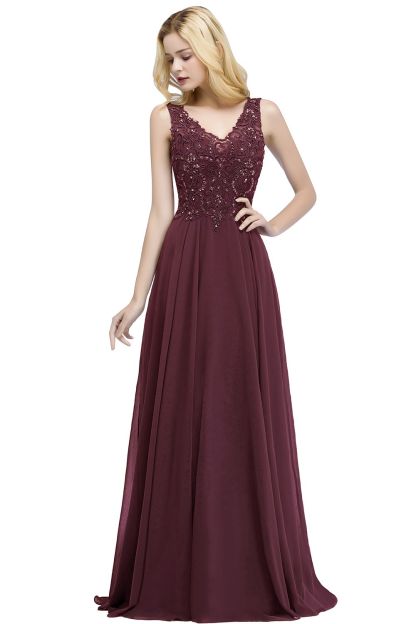 BMbridal A-line V-neck Sleeveless Long Appliqued Chiffon Prom Dress with Crystals