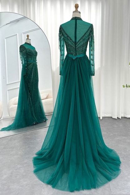 Bmbridal Silver Square A-Line Floor-Length Long Sleeves Prom Dresses with Beadings