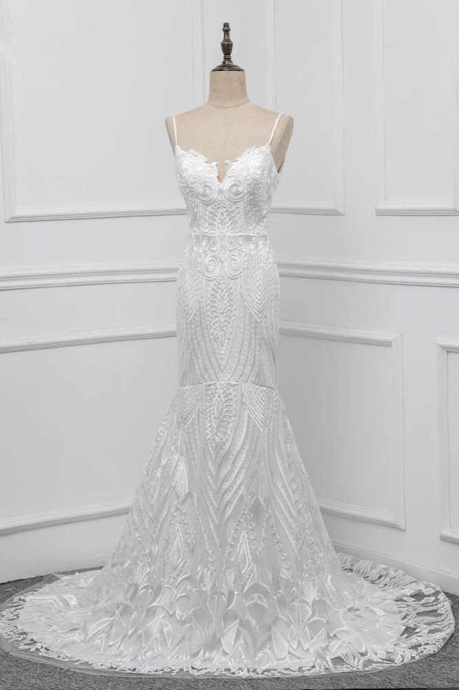 BMbridal Chic Spaghetti Straps V-Neck White Wedding Dresses Appliques Sleeveless Bridal Gowns On Sale-BMbridal