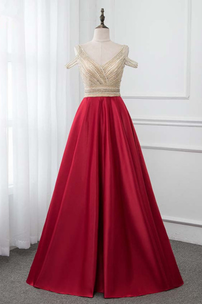 BMbridal Glamorous V-Neck Rhinestone Burgundy Mermaid Prom Dresses with Cold Sleeves Online
