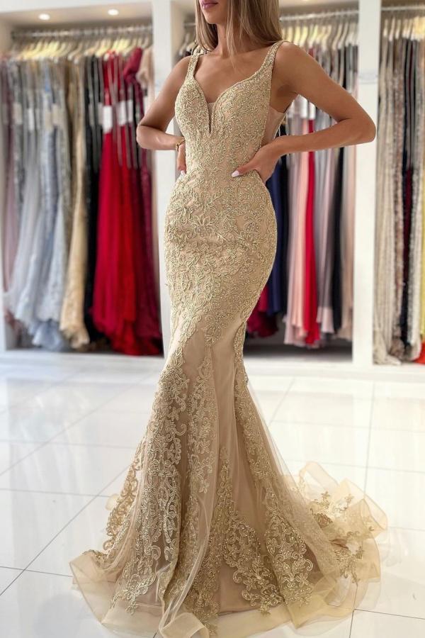 Bmbridal V-Neck Sleeveless Mermaid Prom Dress With Gold Appliques