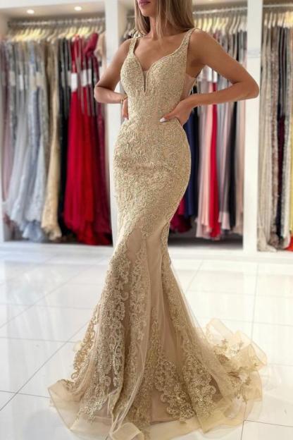 Bmbridal V-Neck Sleeveless Mermaid Prom Dress With Gold Appliques