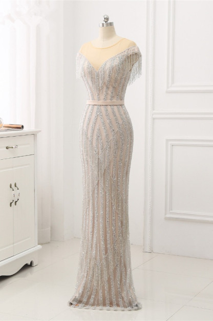 BMbridal Elegant Jewel Sleeves Silver Mermaid Prom Dresses with Rhinestone