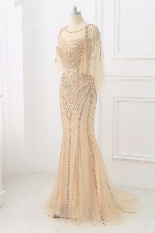 BMbridal Elegant Tulle Jewel Beadings Mermaid Prom Dresses with Ruffles Online