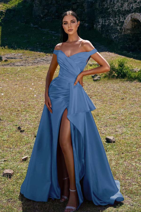 Chic Sleeveless Off the Shoulder Mermaid Pleated Prom Dress Red With Split