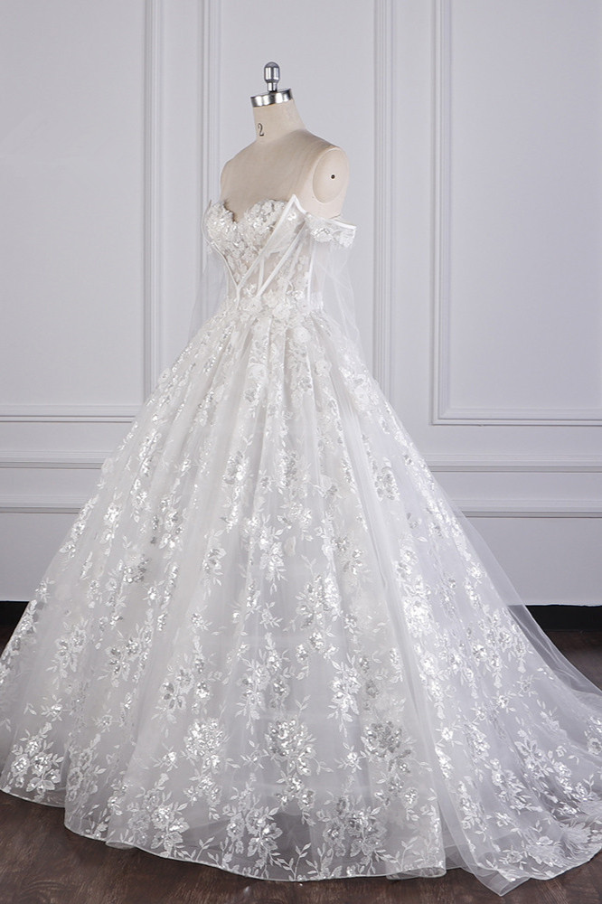 BMbridal Gorgeous Ball Gown Strapless Tulle Lace Wedding Dress Sleeveless Appliques Sequins Bridal Gowns-BMbridal