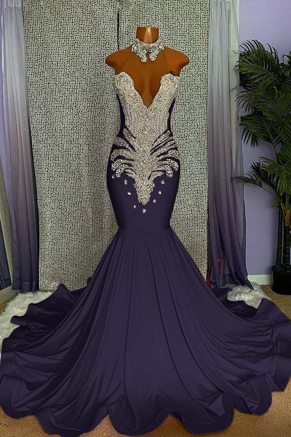 Mermaid Pink High Neck Sleeveless Prom Dress Beaded With Appliques