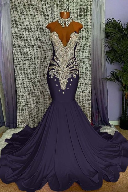 Mermaid Pink High Neck Sleeveless Prom Dress Beaded With Appliques