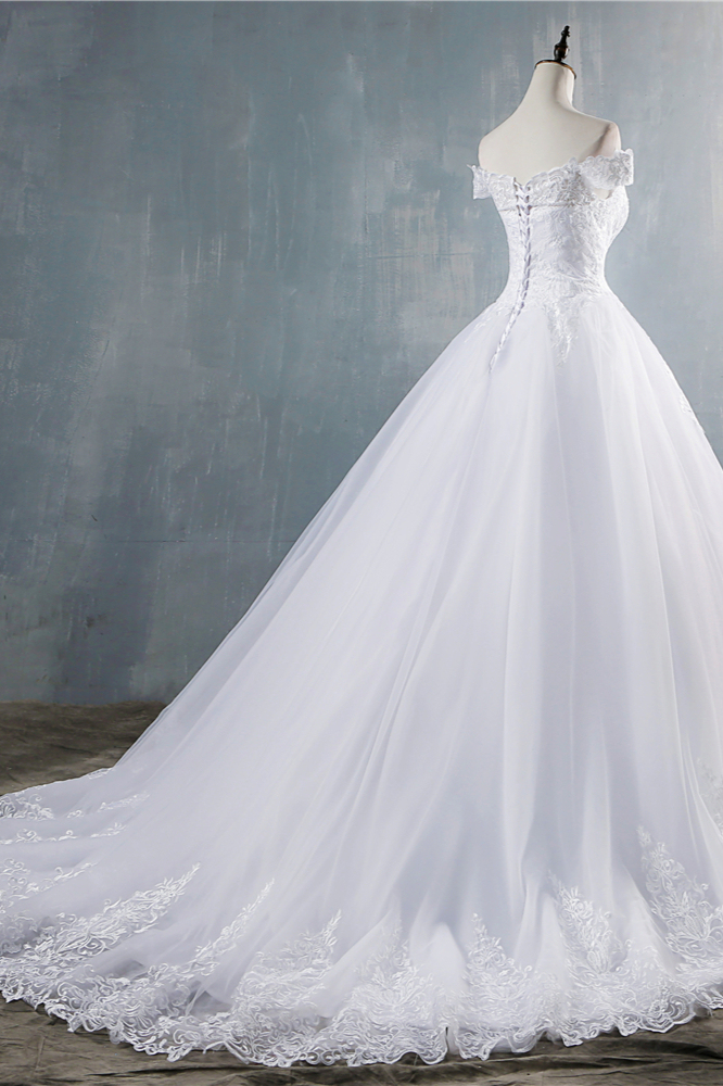 BMbridal Gorgeous Off-the-Shoulder White Tulle Wedding Dress Lace Appliques Bridal Gowns On Sale