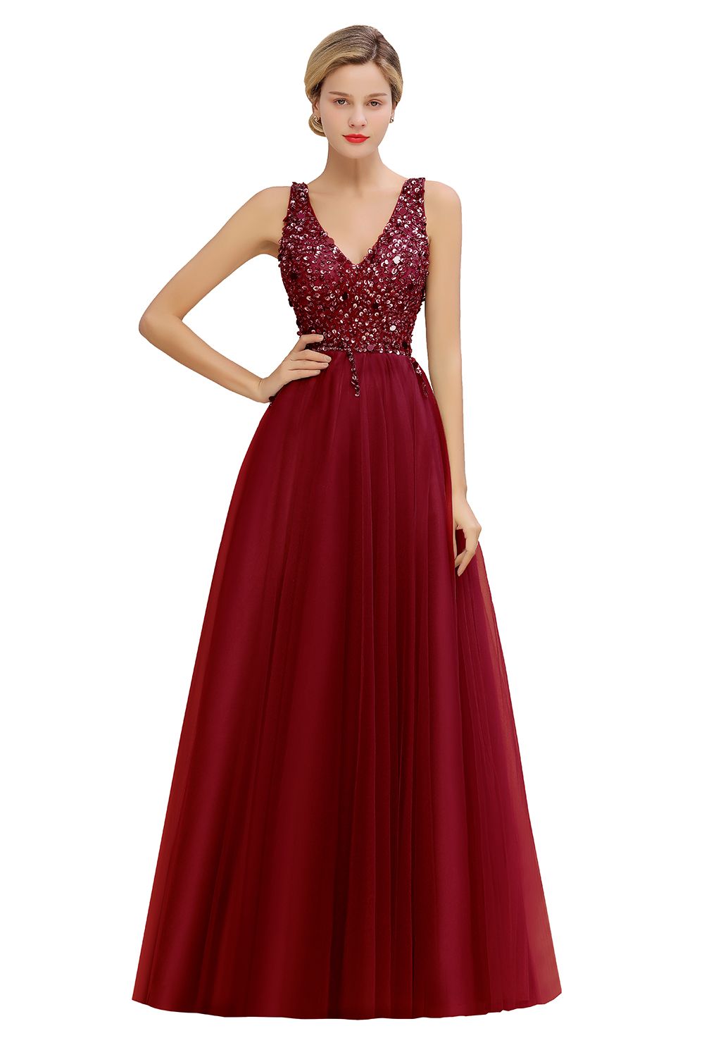 BMbridal Glamorous V-Neck Sleeveless Prom Dress Long Tulle Evening Gowns With Crystals