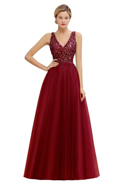 BMbridal Glamorous V-Neck Sleeveless Prom Dress Long Tulle Evening Gowns With Crystals