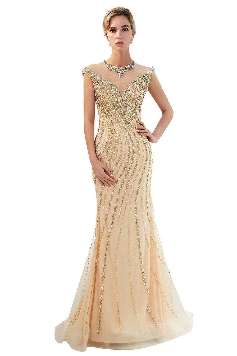 BMbridal Elegant Mermaid Jewel Long Gold Prom Dresses Sleeveless Evening Gowns with Rhinestones