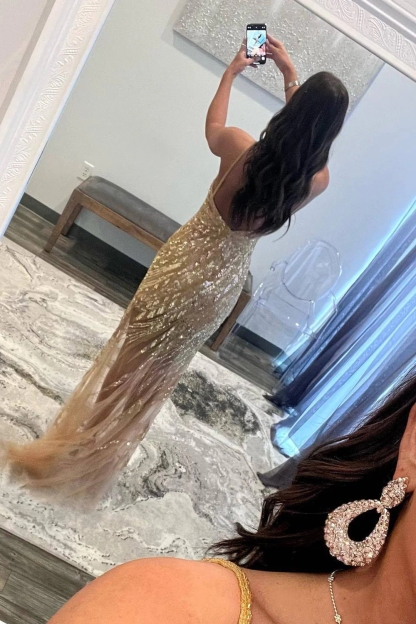 Gold Halter Sleeveless Prom Dress Mermaid Long With Slit