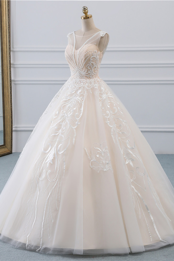 BMbridal Glamorous Sleeveless Jewel Pink Wedding Dresses Tulle Ruffles Bridal Gowns With Appliques Online-BMbridal