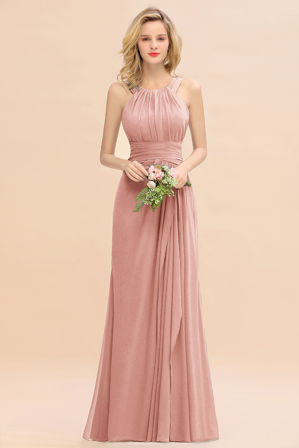 BMbridal Elegant Round Neck Sleeveless Bridesmaid Dress with Ruffles-BMbridal