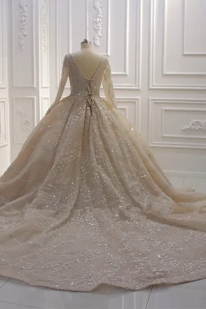 Beautiful Long Sleeves V-Neck Ball Gown Wedding Dress with Sequins Beading Ruffles