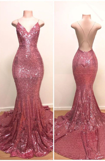 Bmbridal Spaghetti-Straps Sequins Prom Dress Mermaid Long On Sale