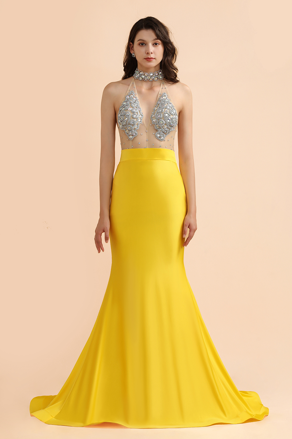 BMbridal Sexy Yellow Halter Backless Prom Dress Long Mermaid With Crystals